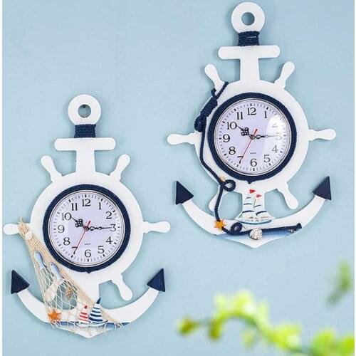 SUMMER MARINE WOODEN WALL CLOCK MEDITERRANEAN STYLE RUDDER ANCHOR HOME DECOR HANGING CLOCKS DECORATION MUTE WOOD DIGITAL WATCH