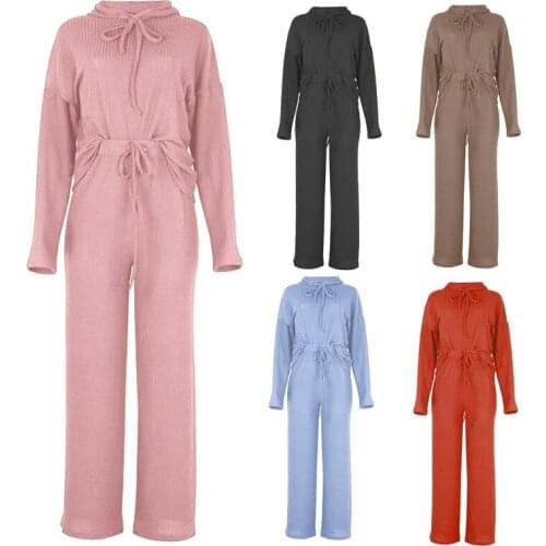 Women Ribbed Knit 2Pcs Outfits Long Sleeve Drawstring Hoodie Sweatshirt Wide Leg Loose Pants Solid Pajamas Loungewear