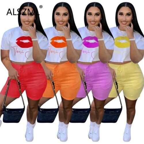 Summer Lip Print Crop Top And Shorts Suit Female 2 Pieces Outfits Ladies Fashion Tracksuits