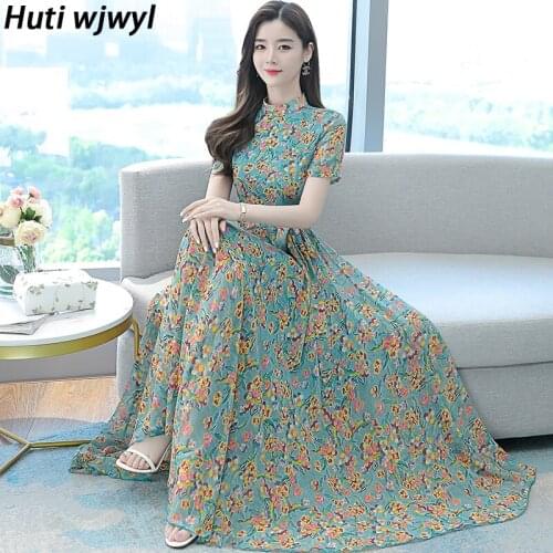 Summer Bodycon Print Chiffon Boho Beach Maxi Dress 4XL Plus Size Elegant Party Vestidos 2021 Women Vintage Floral Midi Sundress