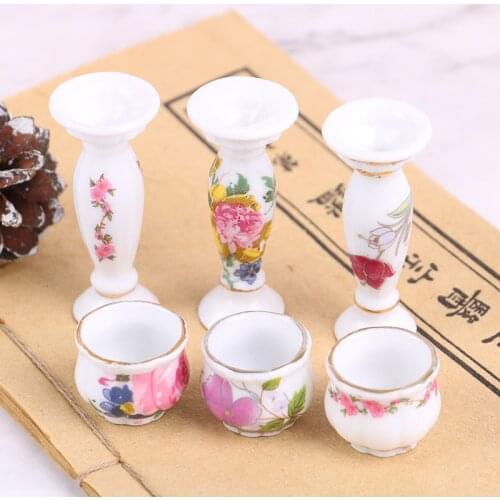 Dollhouse Miniature Accessories Mini Ceramic Roman Column Flowerpot Simulation Flower Pot Bouquet Model Toy for Doll House Decor