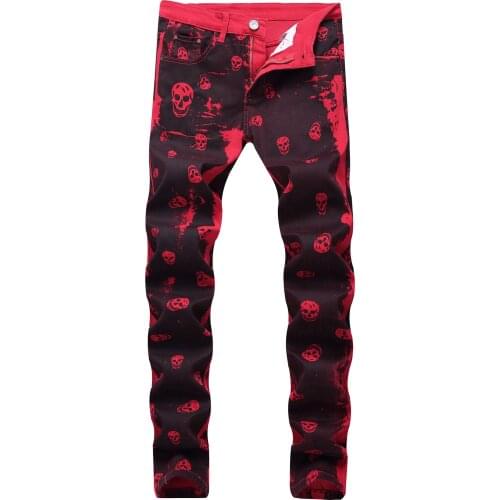 2020 Autumn Mens Fashion Skeleton Skull Printed Night Club Personality Jeans Male Slim Fit Red Denim Pants Long Trousers,9001