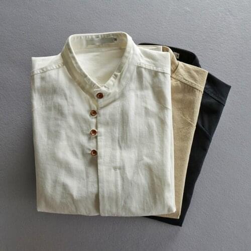 Mens Cotton Linen Shirts Long Sleeve Casual Slim Mandarin Collar Shirts High Quality Breathable Men Business Dress Shirts