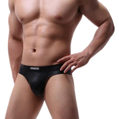 Mens Faux Leather G-string Thongs Sexy Micro Jockstrap Briefs Black T-back Panties Nylon Spandex Underwear