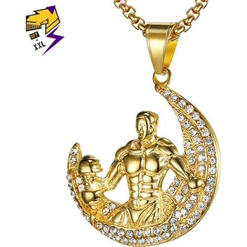 Casual Sporty Crystal Dumbbell Necklaces & Pendant Fitness Muscle Men Necklace Gold Color Stainless Steel Moon Shape Jewelry
