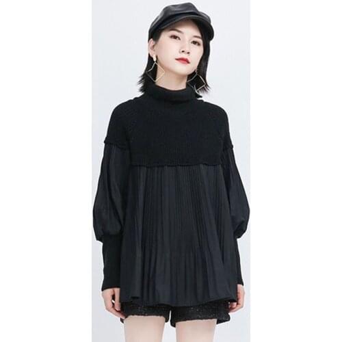 Korea New Arrival Fashion 2021 Winter Womens Tops Turtleneck Pullovers Knitted Patchwork Draped Loose Casual Sweater