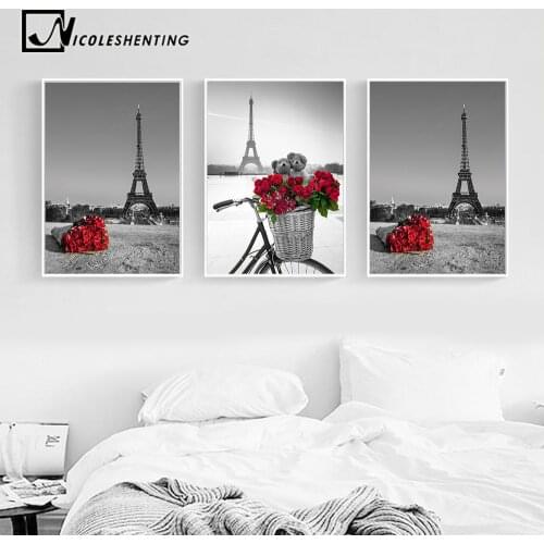 Paris Eiffel Tower Red Rose Flower Landscape Posters and Prints Wall Art Canvas Painting Black White Picture Modern Home Decor