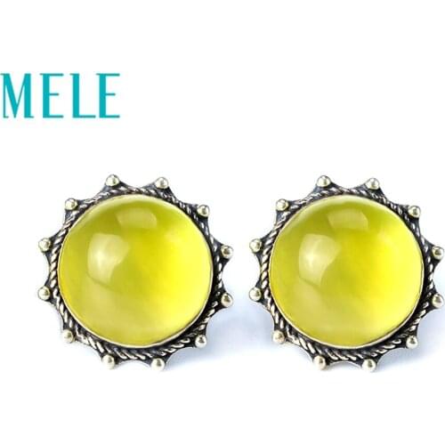 Natural prehnite 925 silver gemstone earrings for women,round flower shape, sun fashion and trendy