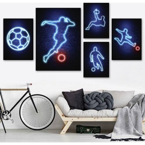 Blue Neon Football Player Posters Cool Young Man Canvas Painting Abstract Light Lines Wall Art Print for Student Dormitory Decor