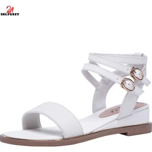 SKLFGXZY Summer New Arrival Black White Women Sandals Fashion Genuine Leather Womens Shoes The Beach Cowhide Fashion Sandals