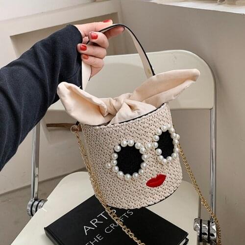 Straw Bag Female 2021 New Small Pearls Women Chain Shoulder Messenger Bucket Beach Bag