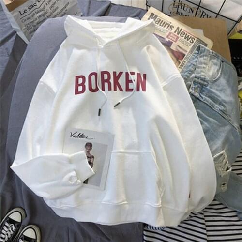 Borken Letter Prints Hoodie Women Casual Sudaderas Hoodies Top With Pocket New Fashion Harajuku Sweatshirts Long Sleeve Hooded