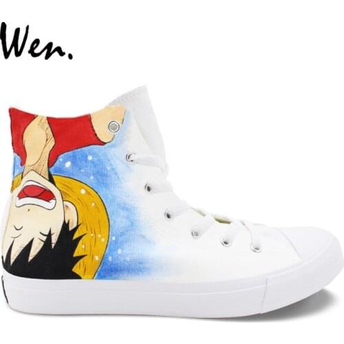 Wen Design Unisex Anime Shoes Hand Painted One Piece Ace Luffy High Top Strappy Sports Sneakers Boys Girls Canvas Rubber Shoes