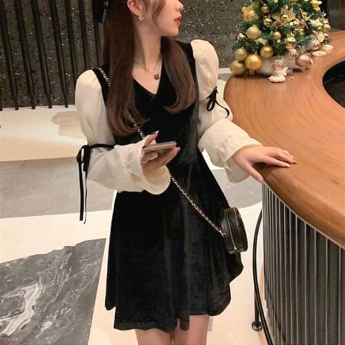 French Vintage Mini Dress Women 2021 Spring Lace Bow Velvet Evening Party Dress Female Y2k Casual Kawaii One Piece Dress Korean