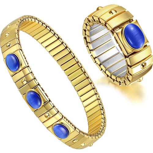 Hapiship 1 Set Womens Jewelry 9mm Width Stainless Steel Opals Elastic Bracelet 17cm Ring Size 7 For Best Friend Wife Gift MY09