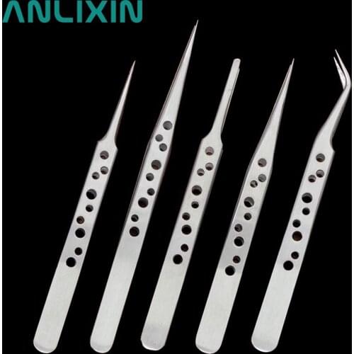 1PCS Tweezers ESD-10/ESD-12/ESD-14/ESD-15 9-Hole Polishing Pointed Curved Tip Medical Electronic Repair Tool Stainless Steel