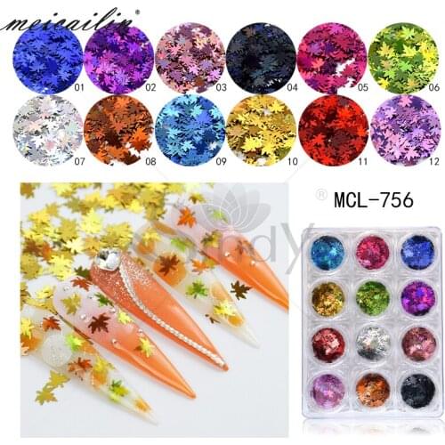 12 colors Leaf Mixed Set Glitter Nail Flakes Holographic Paillette Nail Sequins Fall Maple Leaf Shape For Nail Art Decorations