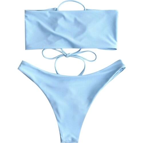 2021 High Waist Bikinis Bandeau Swimsuits Swimwear Lace-Up Adjustable Back StrapSolid Color Strapless Two-piece Bathing Suit