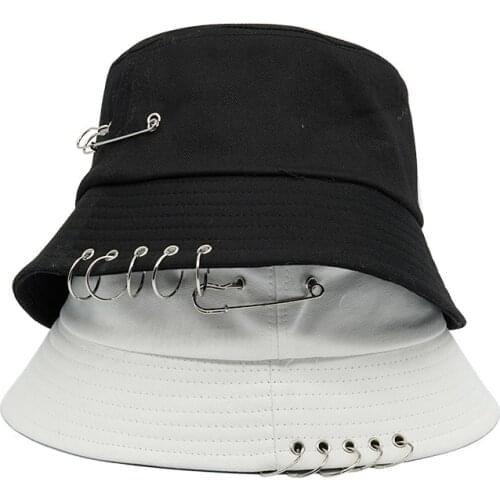 2021 Punk Black Solid Iron Pin Rings Personality Bucket Hat Cap for Women Men Cotton Fishermen Caps Hip Hop Fishing Sun Hat