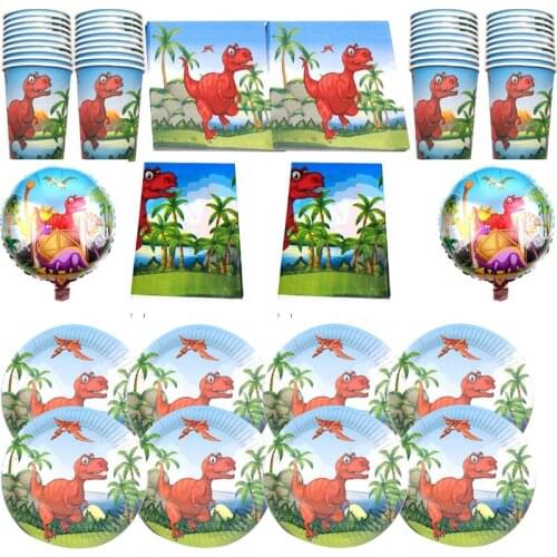 45pcs/lot Birthday Party Dinosaur Theme Kids Favors Tableware Set Cups Glass Plates Baby Shower Foil Balloons Tablecloth