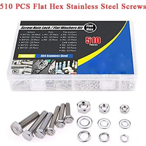 510 Pieces Flat Hex Stainless Steel Screws Bolts nuts Lock and Flat Gasket Washers Assortment Kit flat and lock 304 stainless