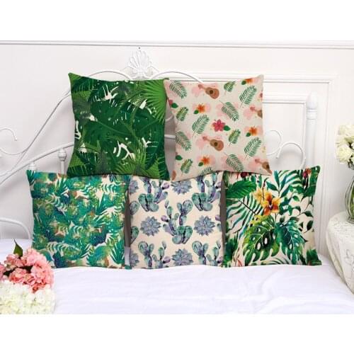 Decorative Pillow Case Green Plant Leaf Floral Pillowcase 17.5 Inches Cotton Linen Chair Seat Throw Pillow Cover P1059