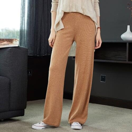 Womens trousers 100% wool knitted trousers loose and thick soft womens trousers warmth plus size womens elastic trousers