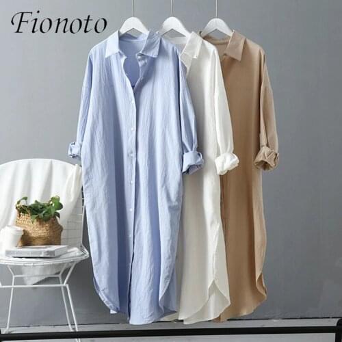 Cotton Blouse Women 2021 Summer New Linen Long Sleeve Casual Shirts Plus Size Womans Long Section Loose Femme Shirts White/Blue
