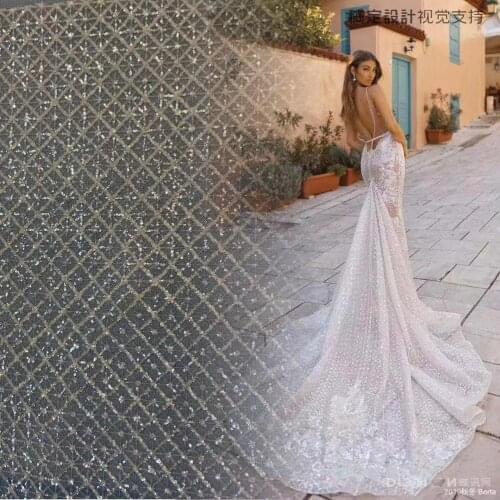 Good quality 5yards mx0102# crytstal grid sequin embroidery net mesh lace fabric for sawing evening bridal wedding dress