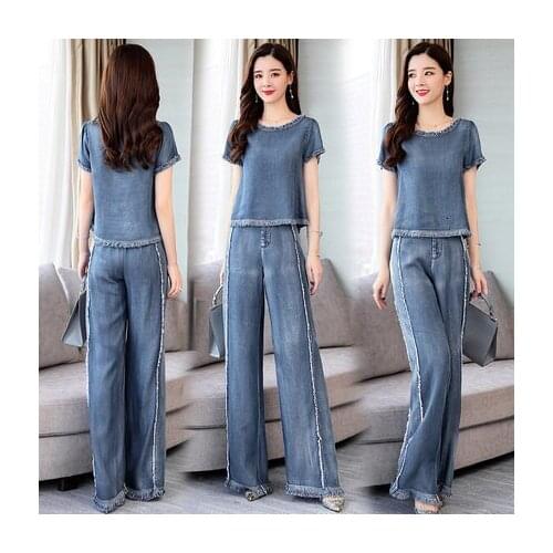 Two Piece Shirt Tops Sets 2020 New Fashion Casual Summer Elastic Waist Cowboy Denim Jeans Wide Leg Pants Pantsuit Clothes
