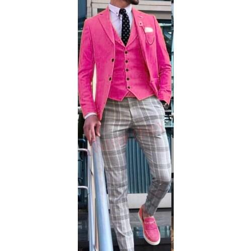 2020 Suit Men 3 Piece Hot Pink Mens Suits High Street Custom Made Groom Wedding Tuxedos Slim Fit Male Suits (Jacket+Pants+Vest)