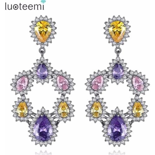 LUOTEEMI 2018 New Arrival Trendy Wedding Multi Color Shiny Cubic Zirconia Long Big Drop Earrings Vintage Party Jewelry Women