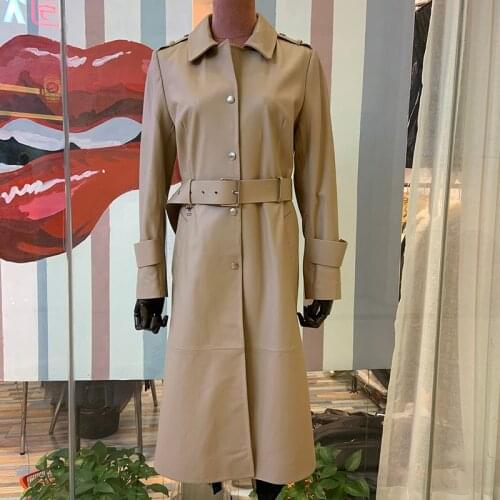 Maylofuer New Genuine Leather Jacket Long Ladies Windbreaker 100% Natural Sheepskin Coat with Belt Slim and Elegant