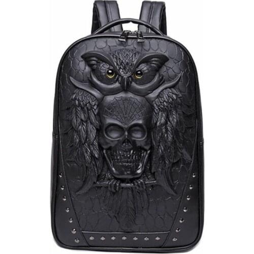 Men Backpack 3D Owl Skull Embossing Rivet Black Purse Satchel Halloween Stylish Cool PU Leather laptop Travel Soft Bags