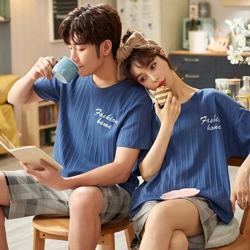 Fashion Blue Letter Couple Pajamas Set Summer Cotton Sleepwear Loose Short Sleeve Women Homewear Simple Casual Outdoor Nightwear