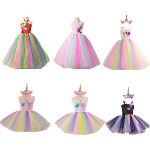 Girls Christmas Eve Xmas Dress up Party Dresses Unicorn Costume With Beadband New Year Tutu Mesh Dresses up Hair hooop