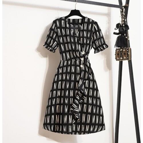 Plus size office ladies 5XL elegant midi dresses Summer short sleeve v neck high waist slim vestidos vintage print ruffles robe