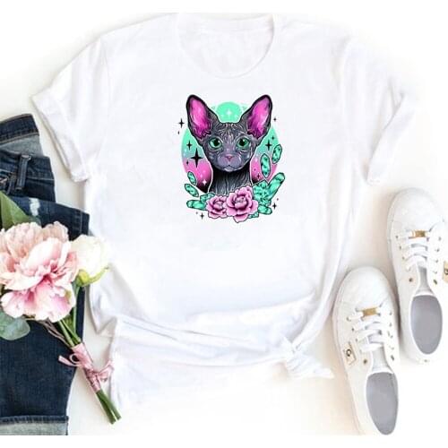 Cartoon Cat T Shirt Women Watercolor Printing Cotton Women Tshirt Fashion Kawaii Clothe Femme T-shirts Round Neck Camiseta Mujer