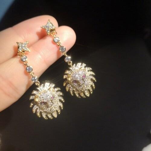 Top Quality Waterdrop Style Fashion Red Eye CZ Crystals Gold Lion Charm Drop Earrings For Women INS Jewelry