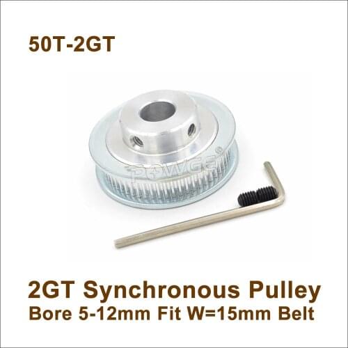 POWGE 50 Teeth 2GT Synchronous Pulley Bore 5-12mm For Width=15mm 2MGT Timing Belt 50T 50Teeth GT2 Pulley 50-2GT BF 3D Design