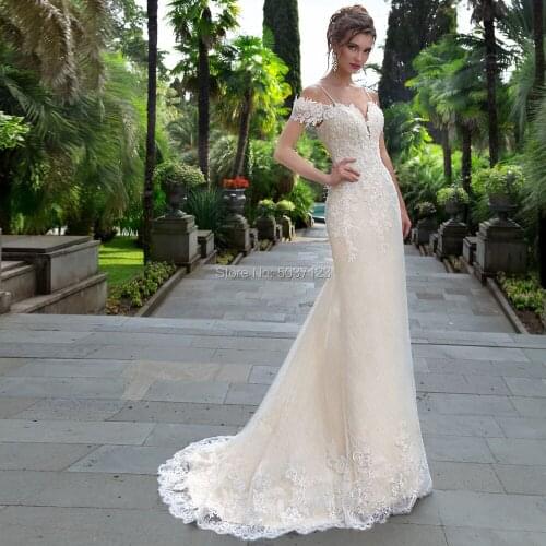 Champagne Mermaid Wedding Dresses V Neck Spaghetti Straps Lace Appliques Lace Up Detachable Train Vestido De Noiva Bridal Gowns