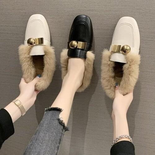 Winter Shoes Woman Flats New Warm Plush Women Shoes Loafers Round Toe Slip on Metal Buckle Comfortable Ladies Shoes Plus Size