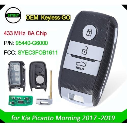 DIYKEY OEM Keyless-Go Smart Remote Key 3 Button for Kia Picanto Morning 2017 2018 2019 P/N: 95440-G6000 (Genuine Remote Board)