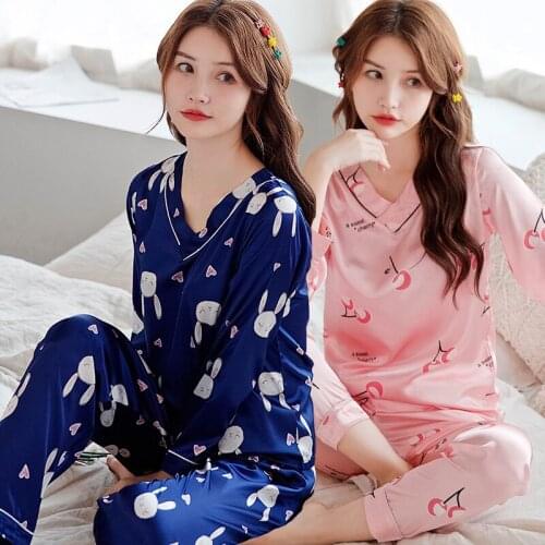 Korean Long Sleeve V-neck Silk Satin Print Pajama Sets for Women Autumn Sleepwear Suit Pyjama Homewear Pijama Mujer Home Clothes