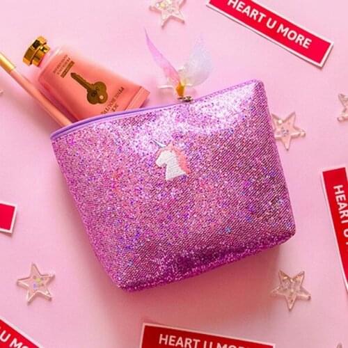 Embroidery Coin Purse Pouch Shining Coin Purses Soft Light Convenient Travel Wash Bags for Girls Korea Style Shell Unicorn pink