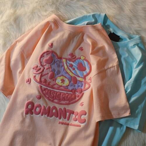 Women T shirt Cotton Japanese Love Bear Bubble Couple Short Sleeve T-shirt Top Summer Spring Oversize Loose Shirt for Women Girl