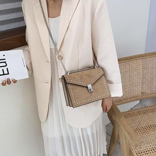 Womens Bag 2021 New Chain Frosted Rivet Shoulder Bag Popular Messenger Retro Small Square Bag