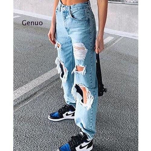 Womens Casual Hole Bleached Ripped Jeans Autumn Fashion Mid-Waist Button Straight Jeans
