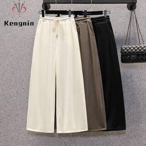 2021 Autumn Winter Women Trousers Drawstring Elastic Waist Ladies Wide Leg Pants Loose Oversized 5XL Pockets Female Capris KN238
