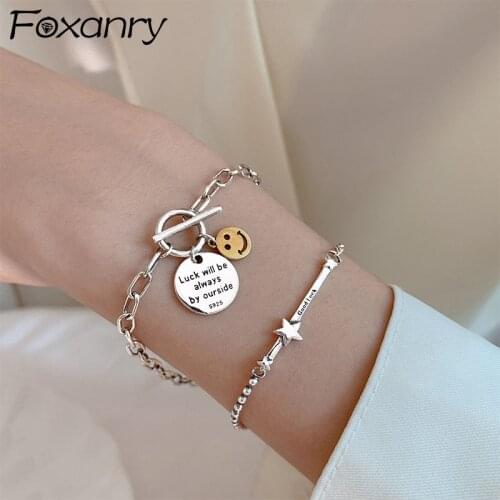 Foxanry 925 Sterling Silver Bracelet for Women New Fashion Hip Hop Vintage Creative Smiley Star Thick Chain Party Jewelry Gifts